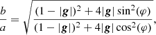 $$ \begin{aligned} \dfrac{b}{a}&= \sqrt{\dfrac{(1-|\boldsymbol{g}|)^2 + 4 |\boldsymbol{g}| \sin ^2 (\varphi )}{(1-|\boldsymbol{g}|)^2 + 4 |\boldsymbol{g}| \cos ^2 (\varphi )}} , \end{aligned} $$