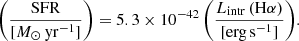 $$ \begin{aligned} \left( \frac{\mathrm{SFR}}{[{M}_\odot \,{ \mathrm {yr}}^{-1}]} \right) = 5.3 \times 10^{-42} \left( \frac{L_{\rm intr} \left( \mathrm{H}\alpha \right)}{[\mathrm {erg\,s}^{-1}]} \right)\!. \end{aligned} $$
