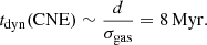 $$ \begin{aligned} t_{\rm dyn}(\mathrm{CNE}) \sim \frac{d}{\sigma _{\rm gas}} = 8\,\mathrm{Myr.} \end{aligned} $$