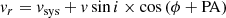 $$ \begin{aligned} {v}_r&= {v}_{\rm sys} + {v} \sin i \times \cos \left( \phi + \mathrm {PA} \right) \end{aligned} $$