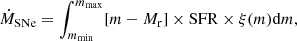 $$ \begin{aligned} \dot{M}_{\rm SNe} = \int _{m_{\rm min}} ^{m_{\rm max}} [m-M_{\rm r}] \times \mathrm{SFR} \times \xi (m) \mathrm{d}m, \end{aligned} $$