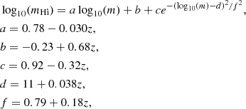 $$ \begin{aligned} \begin{aligned}&\log _{10}(m_{\rm H {i}}) = a\log _{10}(m)+b+c e^{-(\log _{10}(m)-d)^{2}/f^2},\\&a = 0.78 - 0.030z,\\&b = -0.23 + 0.68z,\\&c = 0.92 - 0.32z,\\&d = 11 + 0.038z,\\&f = 0.79 + 0.18z, \end{aligned} \end{aligned} $$