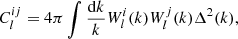 $$ \begin{aligned} C_{l}^{ij}=4\pi \int \dfrac{\mathrm{d}k}{k}W_{l}^{i}(k)W_{l}^{j}(k)\Delta ^2(k), \end{aligned} $$
