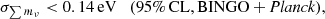 $$ \begin{aligned} \sigma _{\sum m_{\nu }} < 0.14 \, \mathrm{eV} \quad (95\% \, \mathrm{CL}, \mathrm{BINGO} + \textit{Planck}), \end{aligned} $$