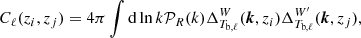 $$ \begin{aligned} C_\ell (z_i, z_j) = 4\pi \int \mathrm{d}\ln {k} \mathcal{P} _{R}(k)\Delta _{T_{\mathrm{b},\ell }}^W(\boldsymbol{k}, z_i)\Delta _{T_{\mathrm{b},\ell }}^{W^\prime }(\boldsymbol{k}, z_j), \end{aligned} $$