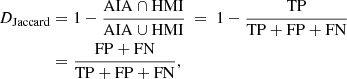 $$ \begin{aligned} {D_{\rm Jaccard}}&= 1 - \frac{\mathrm{AIA} \cap \mathrm{HMI}}{\mathrm{AIA} \cup \mathrm{HMI}}\ =\ 1 - \frac{\mathrm{TP}}{\mathrm{TP} + \mathrm{FP} + \mathrm{FN}} \nonumber \\&= {\frac{\mathrm{FP} + \mathrm{FN}}{\mathrm{TP} + \mathrm{FP} + \mathrm{FN}}}, \end{aligned} $$