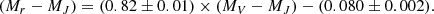 $$ \begin{aligned}(M_r-M_J)=(0.82\pm 0.01)\times (M_V-M_J)-(0.080\pm 0.002).\end{aligned} $$