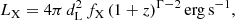 $$ \begin{aligned} L_{\rm X} = 4 \pi \,d^{2}_{\rm L}\,f_{\rm X}\,(1+z)^{\Gamma -2}\,\mathrm {erg}\,\mathrm {s}^{-1}, \end{aligned} $$