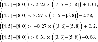 $$ \begin{aligned}&\Bigl ([4.5]{-}[8.0]\Bigr )< 2.22\times \Bigl ([3.6]{-}[5.8]\Bigr )+1.01, \nonumber \\&\Bigl ([4.5]{-}[8.0] < 8.67\times \Bigl ([3.6]{-}[5.8]\Bigr ){-}0.38, \nonumber \\&\Bigl ([4.5]{-}[8.0]>{-}0.27\times \Bigl ([3.6]{-}[5.8]\Bigr )+0.2, \nonumber \\&\Bigl ([4.5]{-}[8.0]\Bigr ) > 0.31\times \Bigl ([3.6]{-}[5.8]\Bigr ){-}0.06. \end{aligned} $$