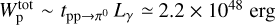 $W_{\rm{p}}^{{\rm{tot}}} \sim \,{t_{{\rm{pp}} \to {\pi ^0}}}\,{L_\gamma } \simeq 2.2 \times {10^{48}}\,{\rm{erg}}$