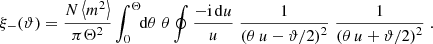 $$ \begin{aligned} \xi _-(\vartheta )= {N \left\langle m^2 \right\rangle \over \pi \Theta ^2} \int _0^\Theta \!\!\mathrm{d}\theta \;\theta \oint {-\mathrm{i}\,\mathrm{d}u\over u}\;{1\over \left( \theta \, u-\vartheta /2\right)^2} \;{1\over \left( \theta \,u+\vartheta /2\right)^2} \; . \end{aligned} $$