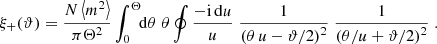 $$ \begin{aligned} \xi _+(\vartheta )= {N \left\langle m^2 \right\rangle \over \pi \Theta ^2} \int _0^\Theta \!\!\mathrm{d}\theta \;\theta \oint {-\mathrm{i}\,\mathrm{d}u\over u}\;{1\over \left( \theta \, u-\vartheta /2\right)^2} \;{1\over \left( \theta /u+\vartheta /2\right)^2} \; . \end{aligned} $$