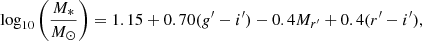 $$ \begin{aligned} \log _{10}\left( \frac{M_*}{M_{\odot }} \right)=1.15+0.70(g^{\prime }-i^{\prime })-0.4M_{r^{\prime }}+0.4(r^{\prime }-i^{\prime }), \end{aligned} $$