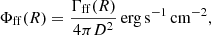 $$ \begin{aligned} \Phi _{\rm ff}(R) = \frac{\Gamma _{\rm ff}(R)}{4\pi D^2}\,\mathrm{erg\,s^{-1}\,cm^{-2}}, \end{aligned} $$