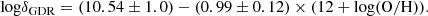 $$ \begin{aligned} \mathrm{log}\delta _{\rm GDR} = (10.54\pm 1.0) - (0.99\pm 0.12)\times (12 + \mathrm{log}(\mathrm{O/H})). \end{aligned} $$