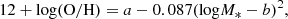 $$ \begin{aligned} 12 + \mathrm{log}(\mathrm{O/H}) = a - 0.087(\mathrm{log}M_{\rm *} - b)^2, \end{aligned} $$