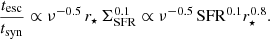 $$ \begin{aligned} \frac{t_{\rm esc}}{t_{\rm syn}} \propto \nu ^{-0.5}\, r_{\star }\, \Sigma _{\rm SFR}^{0.1} \propto \nu ^{-0.5}\, \mathrm{SFR}^{0.1} r_{\star }^{0.8}. \end{aligned} $$
