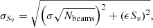 $$ \begin{aligned} \sigma _{S_{\nu }} = \sqrt{\left(\sigma \sqrt{N_{\mathrm{beams} }}\right)^2 + \left(\epsilon S_{\nu }\right)^2}, \end{aligned} $$