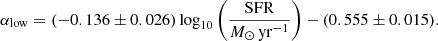 $$ \begin{aligned} \alpha _{\rm low} = (-0.136 \pm 0.026)\log _{10}\left(\frac{\mathrm{SFR}}{M_{\odot }\,\mathrm{yr}^{-1}}\right) - (0.555 \pm 0.015). \end{aligned} $$