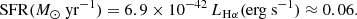 $$ \begin{aligned} \mathrm{SFR}(M_{\odot }\ \mathrm{yr}^{-1})=6.9\times 10^{-42}\,L_{\mathrm{H}\alpha }(\mathrm{erg\ s}^{-1})\approx 0.06. \nonumber \end{aligned} $$