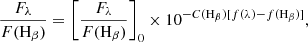 $$ \begin{aligned} \frac{F_{\lambda }}{F(\mathrm{H}_{\beta })}=\left[\frac{F_{\lambda }}{F(\mathrm{H}_{\beta })}\right]_0\times 10^{-C(\mathrm{H}_{\beta })[f(\lambda )-f(\mathrm{H}_{\beta })]} , \end{aligned} $$