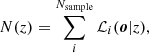 $$ \begin{aligned} N(z) = \displaystyle \sum _{i}^{N_{\rm sample}} \mathcal{L} _i(\boldsymbol{o}|z), \end{aligned} $$
