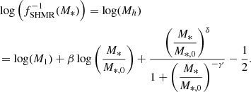 $$ \begin{aligned}&\log \left( f^{-1}_{\rm SHMR}(M_*)\right) = \log (M_h) \nonumber \\&= \log (M_1) + \beta \log \left( \dfrac{M_*}{M_{*,0}} \right) + \dfrac{\left( \dfrac{M_*}{M_{*,0}} \right)^{\delta }}{1+ \left( \dfrac{M_*}{M_{*,0}} \right)^{-\gamma }} - \frac{1}{2}. \end{aligned} $$