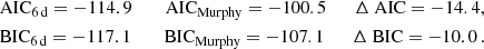 $$ \begin{aligned}&\text{ AIC}_{\rm 6\,d} = -114.9 \quad \quad \text{ AIC}_{\rm Murphy} = -100.5 \quad \quad \Delta \text{ AIC} = -14.4, \\&\text{ BIC}_{\rm 6\,d} = -117.1 \quad \quad \text{ BIC}_{\rm Murphy} = -107.1 \quad \quad \Delta \text{ BIC} = -10.0\,. \end{aligned} $$