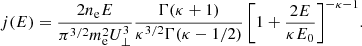 $$ \begin{aligned} j(E) = \frac{2 n_{\rm e} E}{\pi ^{3/2} m_{\rm e}^2 U_\perp ^3} \frac{\Gamma (\kappa +1)}{\kappa ^{3/2}\Gamma (\kappa -1/2)} \left[ 1+\frac{2 E}{\kappa E_0}\right]^{-\kappa -1}\!. \end{aligned} $$
