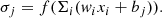 $$ \begin{aligned} \sigma _j = f(\Sigma _i ({ w}_i x_i + b_j)). \end{aligned} $$