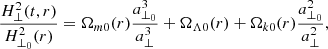 $$ \begin{aligned} \frac{H_{\perp }^2(t,r)}{H_{\perp _0}^2(r)} =\Omega _{m0}(r) \frac{a_{\perp _0}^3}{a_{\perp }^3} + \Omega _{\Lambda 0}(r) +\Omega _{k0}(r) \frac{a_{\perp _0}^2}{a_{\perp }^2}, \end{aligned} $$