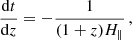 $$ \begin{aligned} \frac{\mathrm{d}t}{\mathrm{d}z}&= -\frac{1}{(1+z)H_{\parallel }}\,, \end{aligned} $$