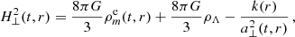 $$ \begin{aligned} H_{\perp }^2(t,r) = {8 \pi G \over 3} \rho _m^\mathrm{e}(t,r) + {8 \pi G \over 3} \rho _\Lambda - { k(r) \over a_{\perp }^2(t,r)} \,, \end{aligned} $$