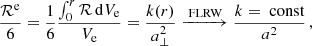 $$ \begin{aligned} {{\mathcal{R} }^\mathrm{e} \over 6}&= \frac{1}{6} \frac{ \int _{0}^{r} {\mathcal{R} } \, \mathrm{d}V_{\rm e}}{V_{\rm e}} = { k(r) \over a_{\perp }^2} \xrightarrow {\text{ FLRW}} \frac{k=\text{ const}}{a^2} \,, \end{aligned} $$