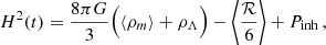 $$ \begin{aligned} H^2(t)&= {8 \pi G \over 3} \Big ( \langle \rho _m \rangle + \rho _\Lambda \Big ) -\left\langle \frac{\mathcal{R} }{6} \right\rangle +P_{\rm inh} \,, \end{aligned} $$