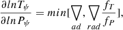 $$ \begin{aligned} {\partial ln T_{\psi }\over {\partial ln P_{\psi }}} = min [ \bigtriangledown _{ad}, {\bigtriangledown _{rad}}{f_{T}\over {f_P}}], \end{aligned} $$