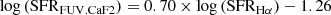 $$ \begin{aligned} \log \left(\mathrm{SFR}_{\rm FUV.CaF2}\right)= 0.70 \times \log \left(\mathrm{SFR}_{\rm H\alpha }\right) -1.26 \end{aligned} $$