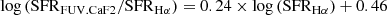 $$ \begin{aligned}&\log \left(\mathrm{SFR}_{\rm FUV.CaF2}/\mathrm{SFR}_{\rm H\alpha }\right)= 0.24 \times \log \left(\mathrm{SFR}_{\rm H\alpha }\right) + 0.46 \end{aligned} $$