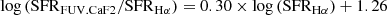 $$ \begin{aligned}&\log \left(\mathrm{SFR}_{\rm FUV.CaF2}/\mathrm{SFR}_{\rm H\alpha }\right)= 0.30 \times \log \left(\mathrm{SFR}_{\rm H\alpha }\right) + 1.26 \end{aligned} $$