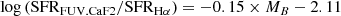 $$ \begin{aligned}&\log \left(\mathrm{SFR}_{\rm FUV.CaF2}/\mathrm{SFR}_{\rm H\alpha }\right)= -0.15 \times M_B - 2.11 \end{aligned} $$