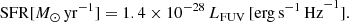 $$ \begin{aligned} \mathrm{SFR} [M_\odot \,\mathrm{yr}^{-1}] = 1.4 \times 10^{-28}\,L_{\rm FUV}\,[\mathrm{erg\,s^{-1}\,Hz}^{-1}]. \end{aligned} $$