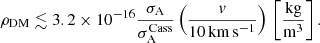 $$ \begin{aligned} \rho _{\rm {DM}} \lesssim 3.2\times 10^{-16}\frac{\sigma _{\rm {A}}}{\sigma _{\rm A}^\mathrm{{Cass}}} \left(\frac{{ v}}{10 \, \mathrm{km\,s^{-1}}} \right)\,\left[ \frac{\mathrm{kg}}{ \mathrm {m}^3}\right]. \end{aligned} $$