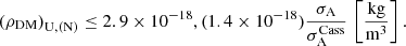 $$ \begin{aligned} \left(\rho _{\rm {DM}}\right)_{\rm U,(N)} \le 2.9 \times 10^{-18}, (1.4 \times 10^{-18}) \frac{\sigma _{\rm A}}{\sigma _{\rm A}^\mathrm{{Cass}}} \, \left[\frac{\mathrm{kg}}{\mathrm{m^3}} \right]. \end{aligned} $$
