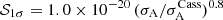 $ \mathcal{S}_{1\sigma} = 1.0 \times 10^{-20}\, (\sigma_\mathrm{{A}}/\sigma_{\mathrm{A}}^\mathrm{{Cass}})^{0.8} $
