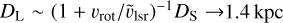 ${D_{\rm{L}}} \sim {\left( {1 + {{{v_{{\rm{rot}}}}} \mathord{\left/ {\vphantom {{{v_{{\rm{rot}}}}} {{{\widetilde v}_{{\rm{lsr}}}}}}} \right. \kern-\nulldelimiterspace} {{{\widetilde v}_{{\rm{lsr}}}}}}} \right)^{ - 1}}{D_{\rm{S}}} \to 1.4{\rm{kpc}}$
