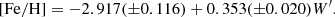 $$ \begin{aligned} \mathrm{[Fe/H]} = -2.917 ({\pm }0.116) + 0.353 ({\pm }0.020) W^\prime . \end{aligned} $$