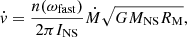 $$ \begin{aligned} \dot{{ v}}=\frac{n(\omega _\mathrm{fast} )}{\mathrm{2 \pi } I_{\rm NS}} \dot{M} \sqrt{G M_{\rm NS} R_{\rm M}}, \end{aligned} $$