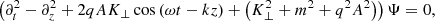 $$ \begin{aligned} \left(\partial ^2_t-\partial _z^2+2qAK_{\perp }\cos \left(\omega t-kz\right)+ \left(K_{\perp }^2+m^2+q^2A^2\right)\right)\Psi = 0, \end{aligned} $$