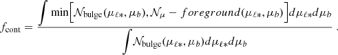 $$ \begin{aligned} f_\mathrm{cont} = \frac{{\displaystyle \int } \min \Bigl [\mathcal{N} _\mathrm{bulge} (\mu _{\ell *}, \mu _b), \mathcal{N} _\mathrm \mu -foreground (\mu _{\ell *}, \mu _b)\Bigr ]d\mu _{\ell *} d\mu _b}{{\displaystyle \int } \mathcal{N} _\mathrm{bulge} (\mu _{\ell *}, \mu _b) d\mu _{\ell *} d\mu _b} \ . \end{aligned} $$