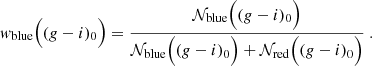 $$ \begin{aligned} { w}_\mathrm{blue} \Bigl ( (g-i)_0 \Bigr ) = \frac{\mathcal{N} _\mathrm{blue} \Bigl ( (g-i)_0 \Bigr )}{\mathcal{N} _\mathrm{blue} \Bigl ( (g-i)_0 \Bigr ) + {\mathcal{N} _\mathrm{red} \Bigl ( (g-i)_0 \Bigr )}} \ . \end{aligned} $$